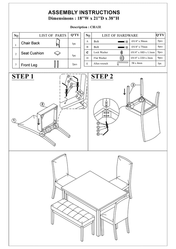English Elm Classic 5-Piece Dining Set with Faux Marble Top, Tufted Bench & Cushioned Faux Leather Chairs for Cozy Kitchens Espresso 54 L x 42 W x 14 H B011P148645