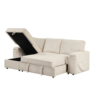 English Elm U_style Sleeper Sectional Sofa with Fold Out Twin Bed Cup Holders and Armrest Pockets Beige WY000372AAA