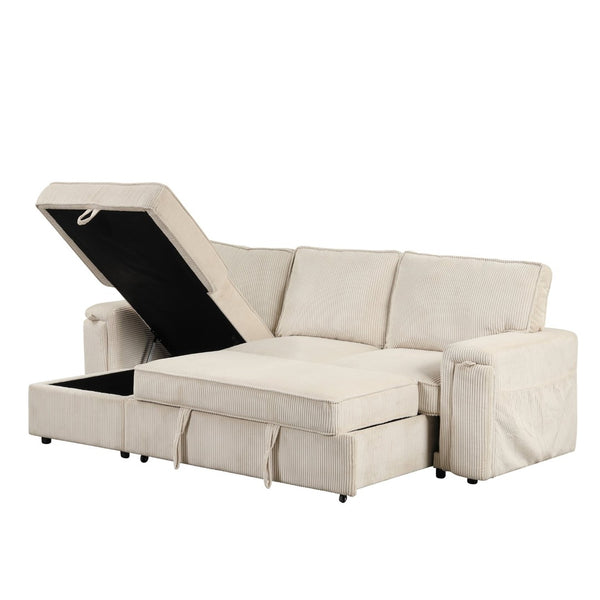 English Elm U_style Sleeper Sectional Sofa with Fold Out Twin Bed Cup Holders and Armrest Pockets Beige WY000372AAA