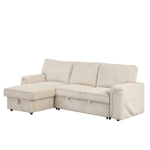 English Elm U_style Sleeper Sectional Sofa with Fold Out Twin Bed Cup Holders and Armrest Pockets Beige WY000372AAA