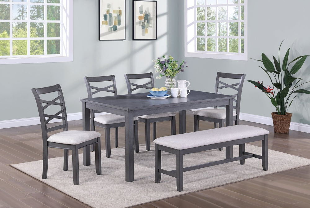 English Elm Dining Set Six Piece Rubberwood Table Cross-back Chairs Bench Two-toned Gray B011S00661