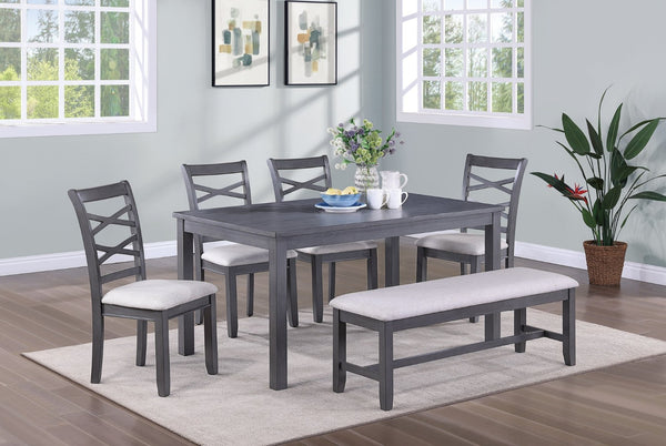 English Elm Dining Set Six Piece Rubberwood Table Cross-back Chairs Bench Two-toned Gray B011S00661