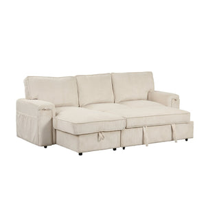 English Elm U_style Sleeper Sectional Sofa with Fold Out Twin Bed Cup Holders and Armrest Pockets Beige WY000372AAA