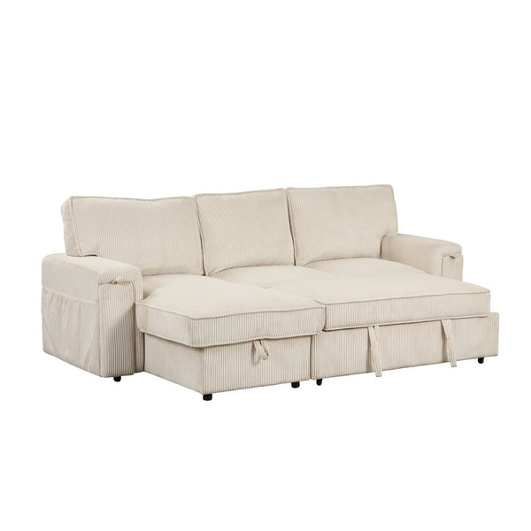 English Elm U_style Sleeper Sectional Sofa with Fold Out Twin Bed Cup Holders and Armrest Pockets Beige WY000372AAA