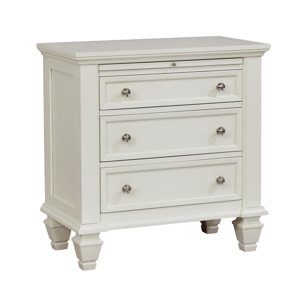 English Elm Cream Cottage 3-Drawer Nightstand with Pull-Out Tray, Sparkling White Finish, Felt-Lined Top Drawer, Silver Hardware (29.75"H x 29"W x 16.5"D) B062P148635