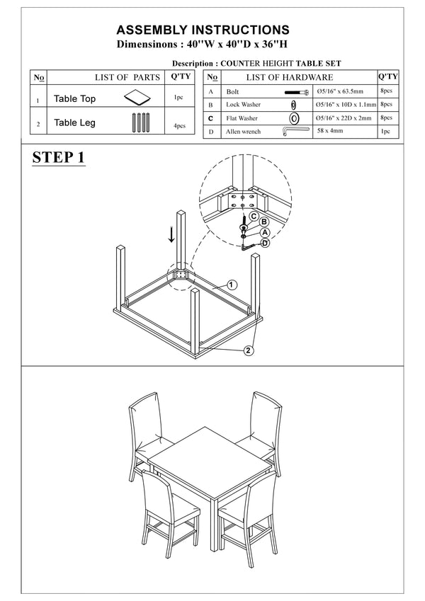 English Elm Modern 5pc Counter Height Dining Set with Faux Marble Top & White Faux Leather Chairs, 40" Square B011P184983