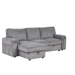 English Elm U_style Sleeper Sectional Sofa with Fold Out Twin Bed Cup Holders and Armrest Pockets Gray WY000372AAE
