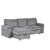 English Elm Upholstery Sleeper Sectional Sofa With Storage Bags and 2 Cup Holders On Arms