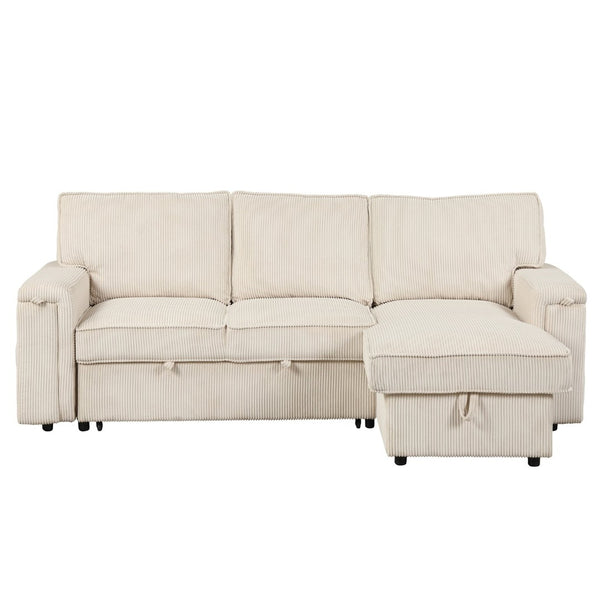 English Elm U_style Sleeper Sectional Sofa with Fold Out Twin Bed Cup Holders and Armrest Pockets Beige WY000372AAA