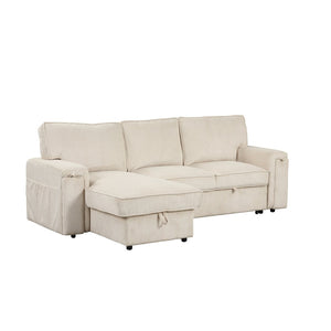 English Elm U_style Sleeper Sectional Sofa with Fold Out Twin Bed Cup Holders and Armrest Pockets Beige WY000372AAA