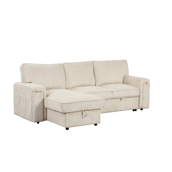 English Elm U_style Sleeper Sectional Sofa with Fold Out Twin Bed Cup Holders and Armrest Pockets Beige WY000372AAA