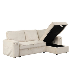 English Elm U_style Sleeper Sectional Sofa with Fold Out Twin Bed Cup Holders and Armrest Pockets Beige WY000372AAA