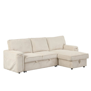 English Elm U_style Sleeper Sectional Sofa with Fold Out Twin Bed Cup Holders and Armrest Pockets Beige WY000372AAA