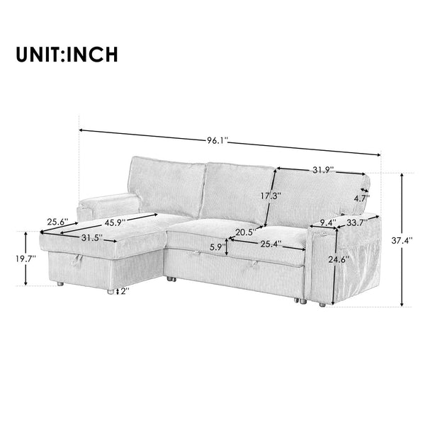 English Elm U_style Sleeper Sectional Sofa with Fold Out Twin Bed Cup Holders and Armrest Pockets Gray WY000372AAE