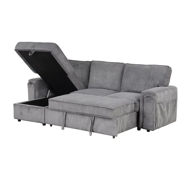 English Elm U_style Sleeper Sectional Sofa with Fold Out Twin Bed Cup Holders and Armrest Pockets Gray WY000372AAE