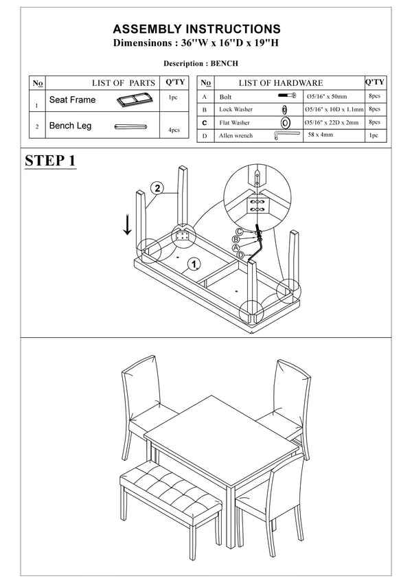 English Elm Classic 5-Piece Dining Set with Faux Marble Top, Tufted Bench & Cushioned Faux Leather Chairs for Cozy Kitchens Espresso 54 L x 42 W x 14 H B011P148645
