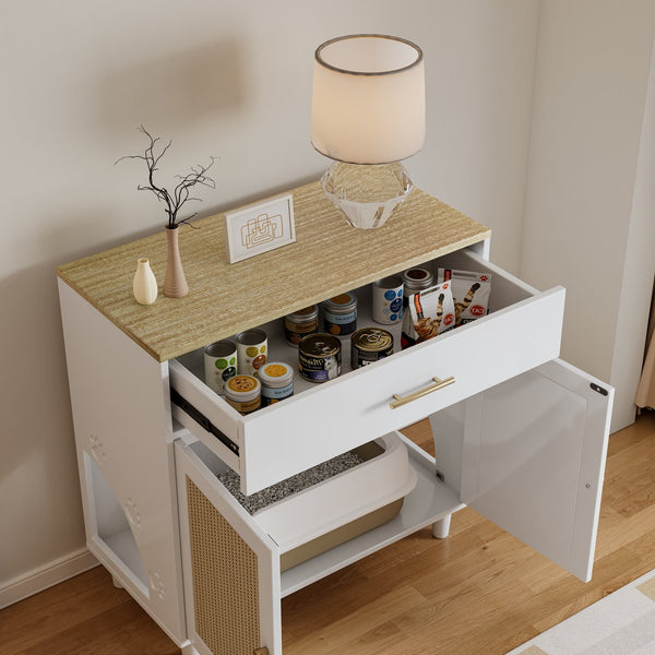 English Elm Cat Litter Box Enclosure Rubberwood with Sisal Scratch Pad, Storage Drawers, Anti‑Tip, Mid‑Century Style W1801137449