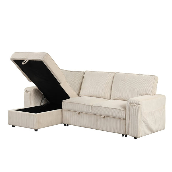 English Elm U_style Sleeper Sectional Sofa with Fold Out Twin Bed Cup Holders and Armrest Pockets Beige WY000372AAA