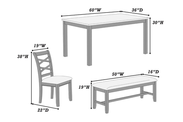 English Elm Dining Set Six Piece Rubberwood Table Cross-back Chairs Bench Two-toned Gray B011S00661