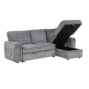 English Elm U_style Sleeper Sectional Sofa with Fold Out Twin Bed Cup Holders and Armrest Pockets Gray WY000372AAE