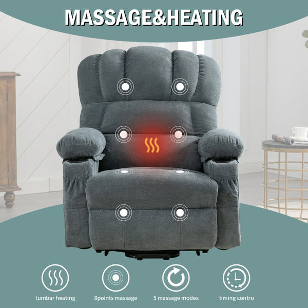 English Elm Power Lift Recliner Chair With Heat & Massage - Infinite Positions, Usb Charging, Durable Blue Fabric W1521S00023-GIGA