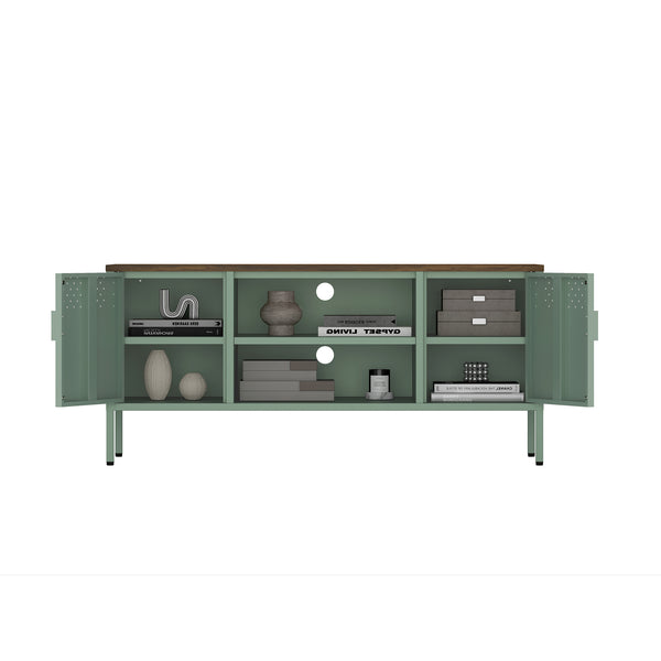 English Elm Landen 47" Metal Storage Cabinet with Wood Top and Cable Management — Sleek Industrial TV Console, Adjustable Legs Sage Green B365P397847