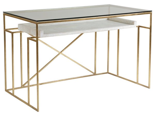 Lexington Artistica Home Cumulus Writing Table - Luxurious Gold Foil Frame With Unique Fossilized Crystal Floating Shelf Design Gold Wood 2024-933c