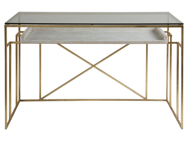 Lexington Artistica Home Cumulus Writing Table - Luxurious Gold Foil Frame With Unique Fossilized Crystal Floating Shelf Design Gold Wood 2024-933c
