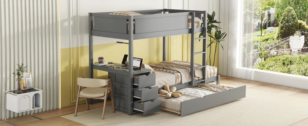 English Elm Twin-over-twin Bunk Bed with Trundle Built-in Desk Storage Drawers and Power Outlets Gray LT000363AAE-1