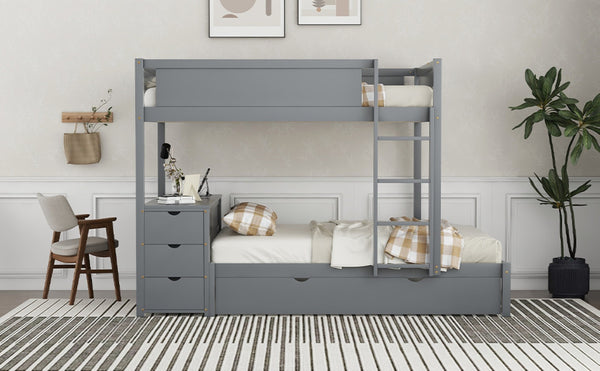 English Elm Full-over-full Bunk Bed with Trundle Desk Drawers and Built-in Power for Kids Gray LT000364AAE