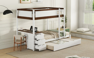 English Elm Twin-over-twin Bunk Bed with Trundle Built-in Desk Storage Drawers and Power Outlets White+Walnut LT000363AAD