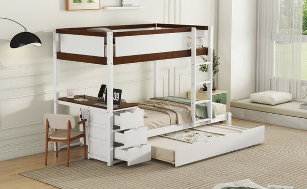 English Elm Twin-over-twin Bunk Bed with Trundle Built-in Desk Storage Drawers and Power Outlets White+Walnut LT000363AAD