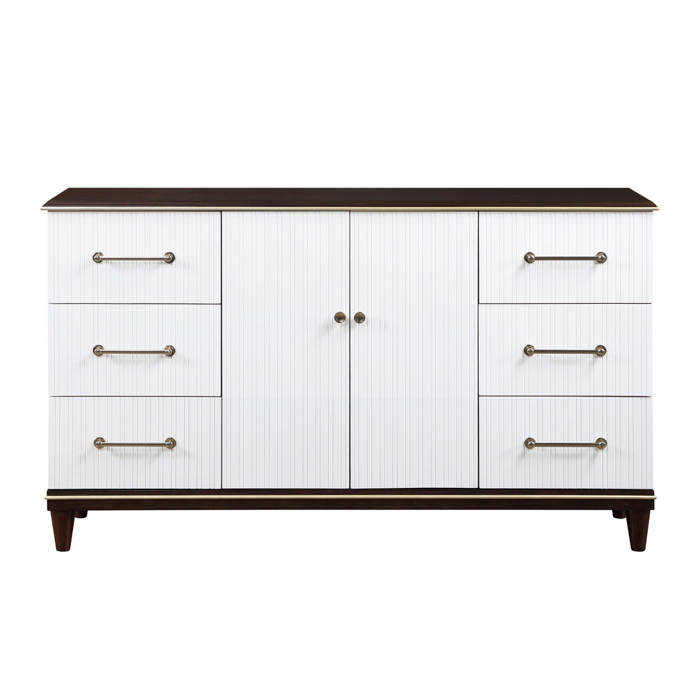 English Elm Contemporary White & Cherry Dresser 6-Drawer with Gold Trim, Brushed Gold Hardware, Routed Panels, 66" x 38.5" B011P149133