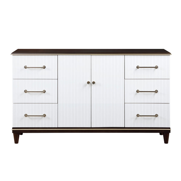 English Elm Contemporary White & Cherry Dresser 6-Drawer with Gold Trim, Brushed Gold Hardware, Routed Panels, 66" x 38.5" B011P149133