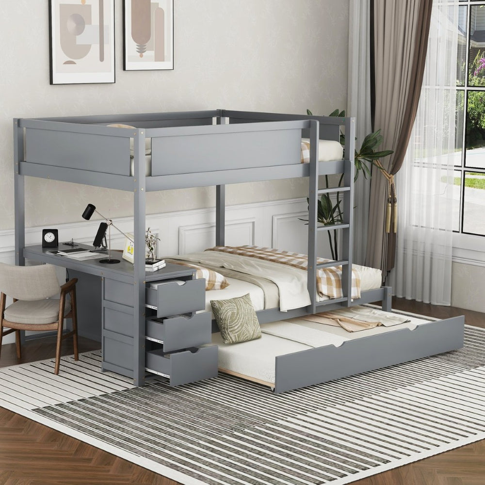 English Elm Full-over-full Bunk Bed with Trundle Desk Drawers and Built-in Power for Kids Gray LT000364AAE