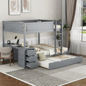 English Elm Full-over-full Bunk Bed with Trundle Desk Drawers and Built-in Power for Kids Gray LT000364AAE