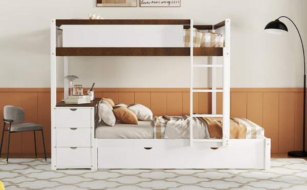 English Elm Full-over-full Bunk Bed with Trundle Desk Drawers and Built-in Power for Kids White+Walnut LT000364AAD