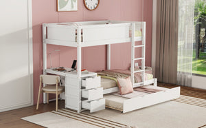 English Elm Twin-over-twin Bunk Bed with Trundle Built-in Desk Storage Drawers and Power Outlets White LT000363AAK-1