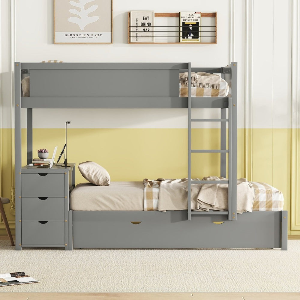 English Elm Twin-over-twin Bunk Bed with Trundle Built-in Desk Storage Drawers and Power Outlets Gray LT000363AAE