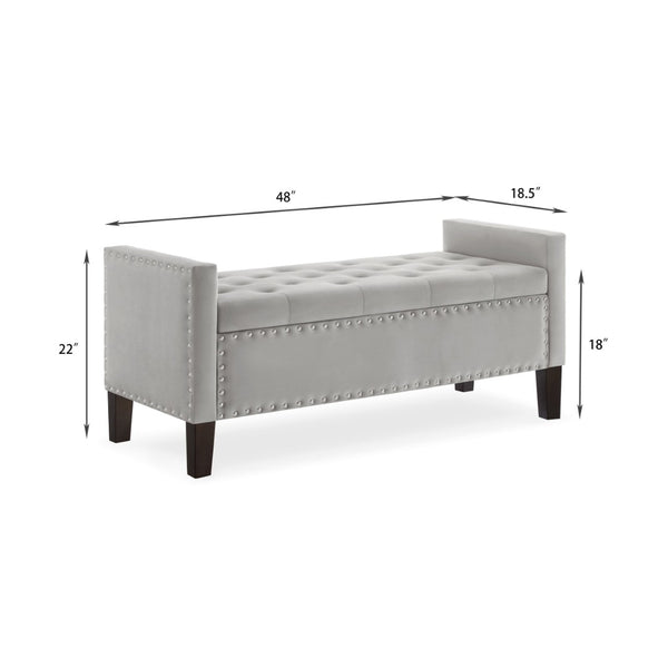 English Elm Upholstered Velvet Storage Bench Tufted Seat Nailhead Trim Armrests Entryway Bedroom Gray W2186139087