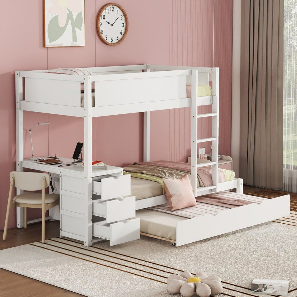 English Elm Twin-over-twin Bunk Bed with Trundle Built-in Desk Storage Drawers and Power Outlets White LT000363AAK