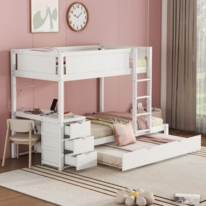 English Elm Twin-over-twin Bunk Bed with Trundle Built-in Desk Storage Drawers and Power Outlets White LT000363AAK