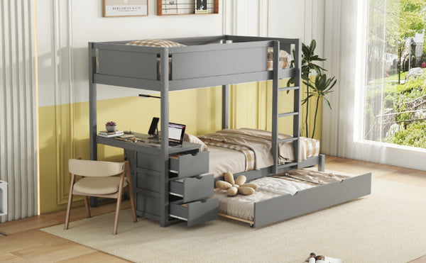 English Elm Twin-over-twin Bunk Bed with Trundle Built-in Desk Storage Drawers and Power Outlets Gray LT000363AAE