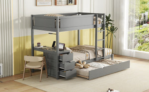 English Elm Twin-over-twin Bunk Bed with Trundle Built-in Desk Storage Drawers and Power Outlets Gray LT000363AAE-1