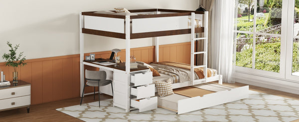 English Elm Full-over-full Bunk Bed with Trundle Desk Drawers and Built-in Power for Kids White+Walnut LT000364AAD