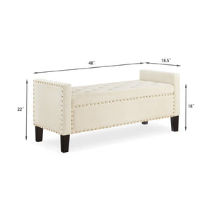 English Elm Upholstered Velvet Storage Bench Tufted Seat Nailhead Trim Armrests Entryway Bedroom Cream W2186139089