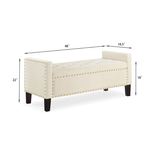 English Elm Upholstered Velvet Storage Bench Tufted Seat Nailhead Trim Armrests Entryway Bedroom Cream W2186139089