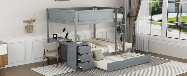 English Elm Full-over-full Bunk Bed with Trundle Desk Drawers and Built-in Power for Kids Gray LT000364AAE