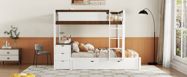 English Elm Full-over-full Bunk Bed with Trundle Desk Drawers and Built-in Power for Kids White+Walnut LT000364AAD