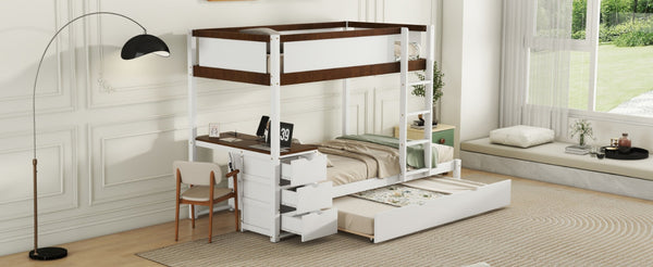 English Elm Twin-over-twin Bunk Bed with Trundle Built-in Desk Storage Drawers and Power Outlets White+Walnut LT000363AAD